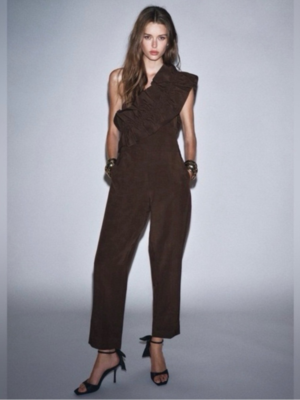 Zara Brown One Shoulder Asymmetric Ruffle Brown Jumpsuit Size M